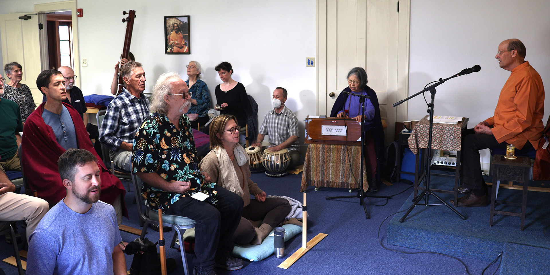 Devotees of the Shaftsbury Meditation Circle enjoy a meditation with kirtan (devotional chanting), conducted by Brother Keshavananda.