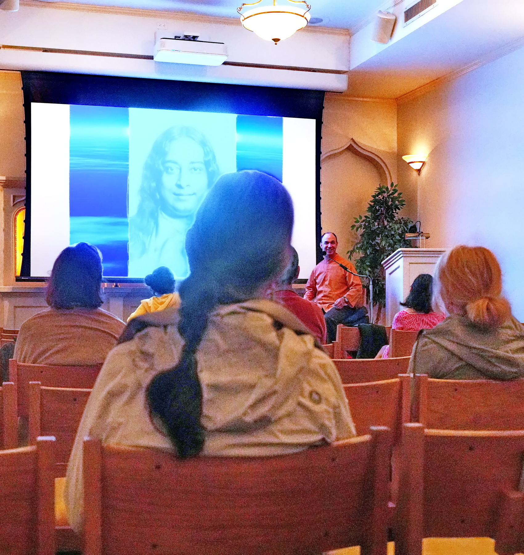 Brother Bhimananda gives a class to the New York devotees.