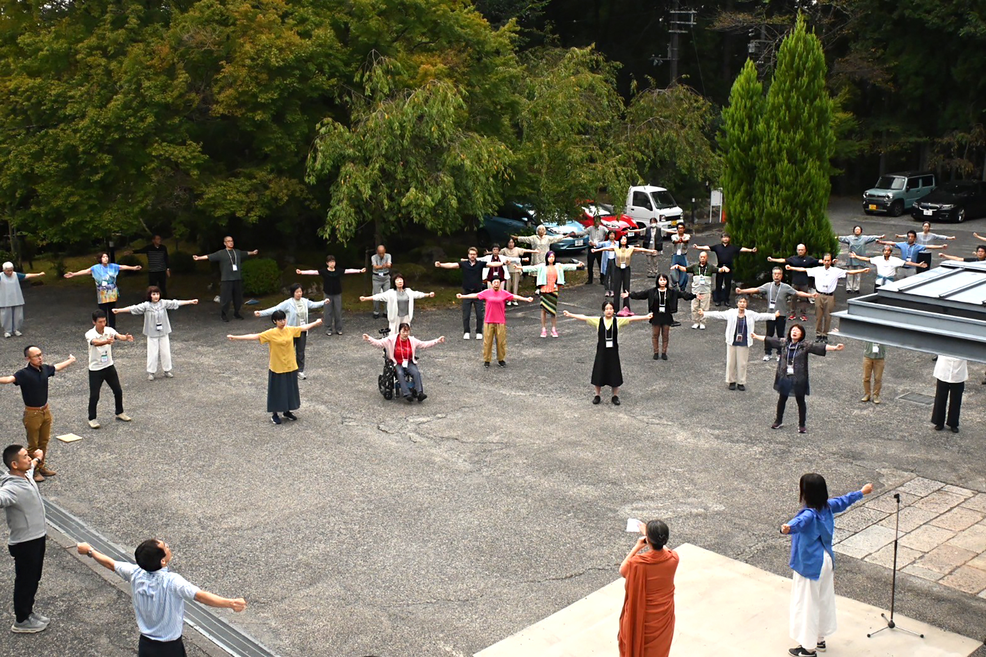 Sister Shankari conducts a review of Paramahansaji's Energization Exercises during the Kyoto retreat.