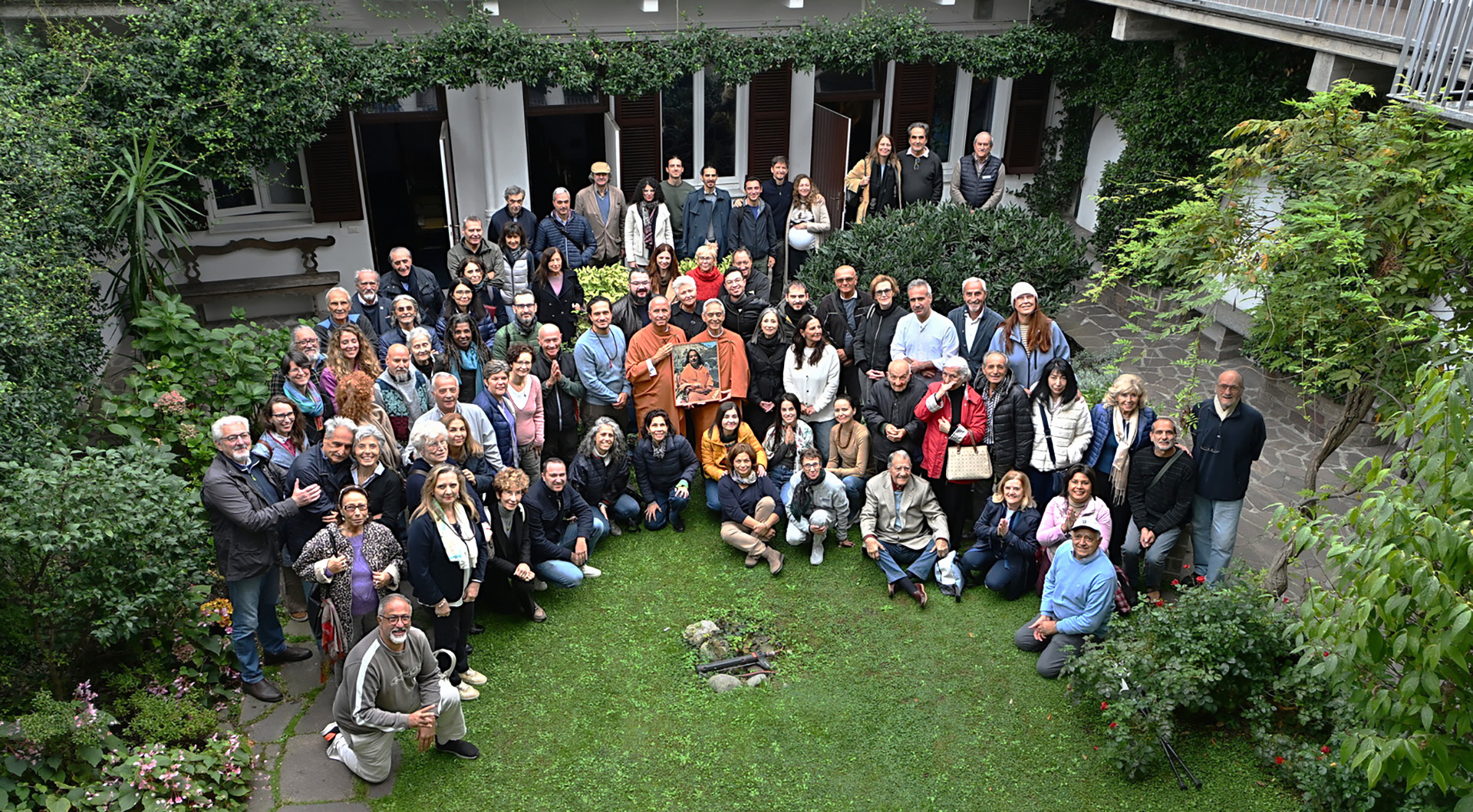 In October, Brother Sevananda and Brother Vidyananda visited SRF members in four cities in Italy, and are here pictured with members at the SRF Milano Center.