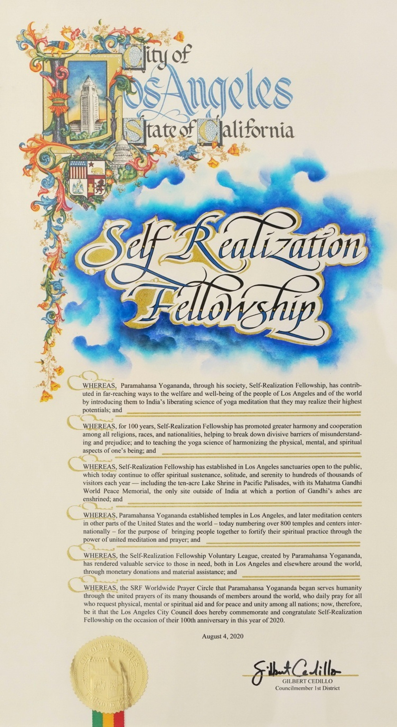 LA City Proclamation Honoring Srf Centennial